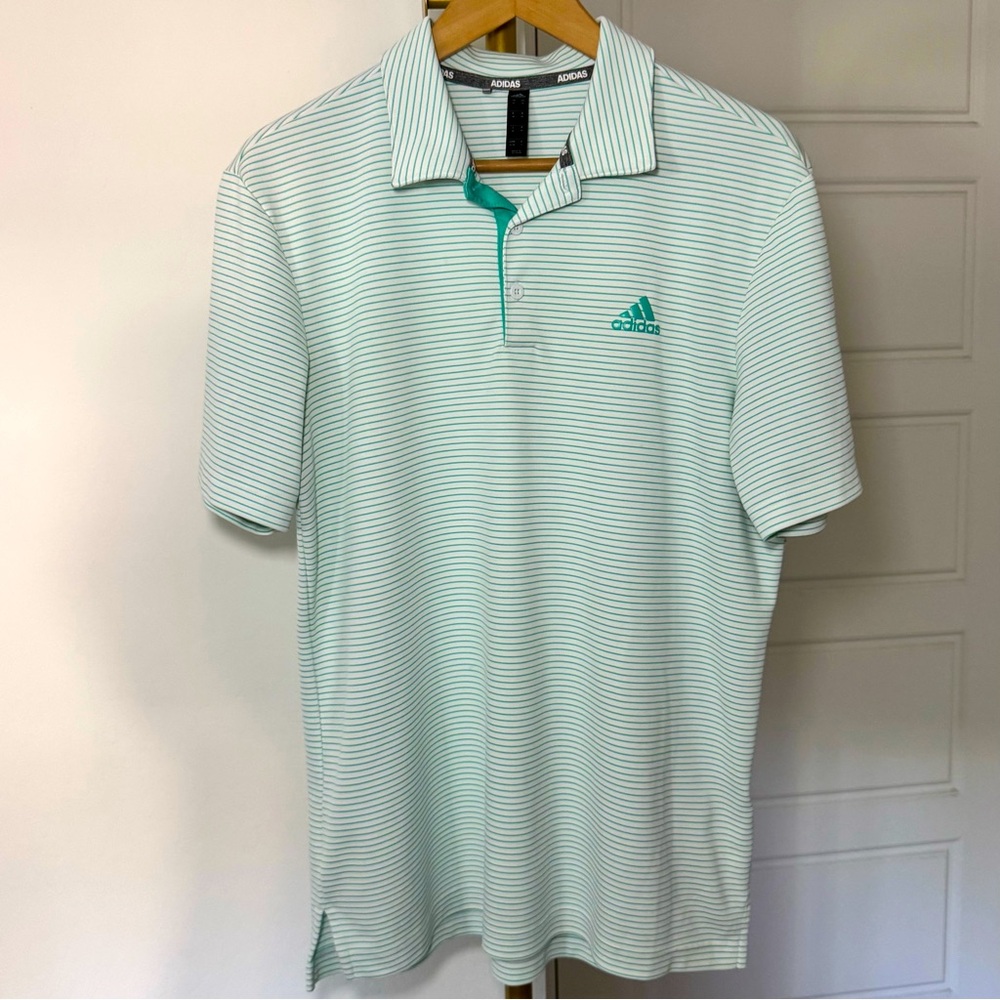 Men's Green White Stripe Golf Short Sleeve Performance Polo Size M Blokecore